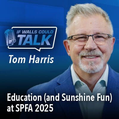 Smiling man with podcast logo and text
