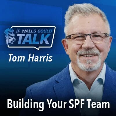 Smiling man in suit beside podcast title
