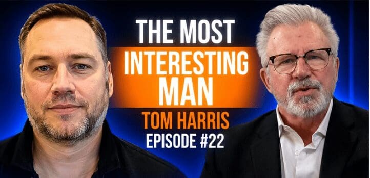 Two men with podcast episode title banner